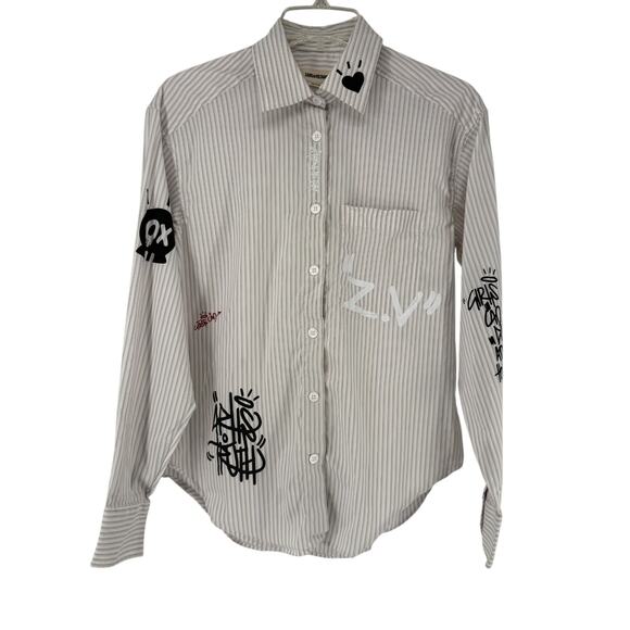 Zadig Voltaire Tais Raye XS Button Up Shirt Stripe Girl Power Designer White - Picture 2 of 15